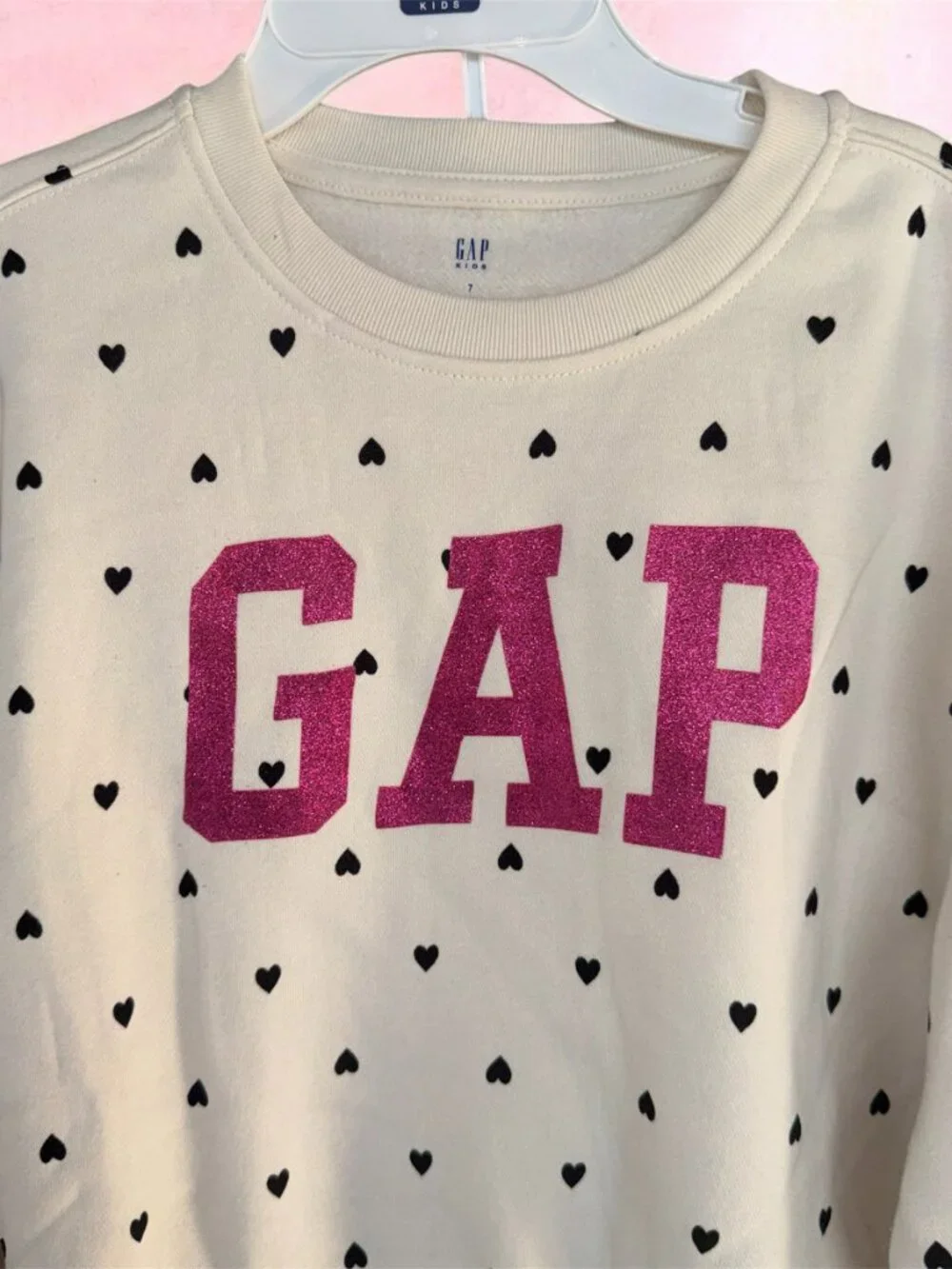 GAP Kids Sweatshirt + Jogger Sweatpants Heart Set Girls 7 Ivory Pink Black NWT